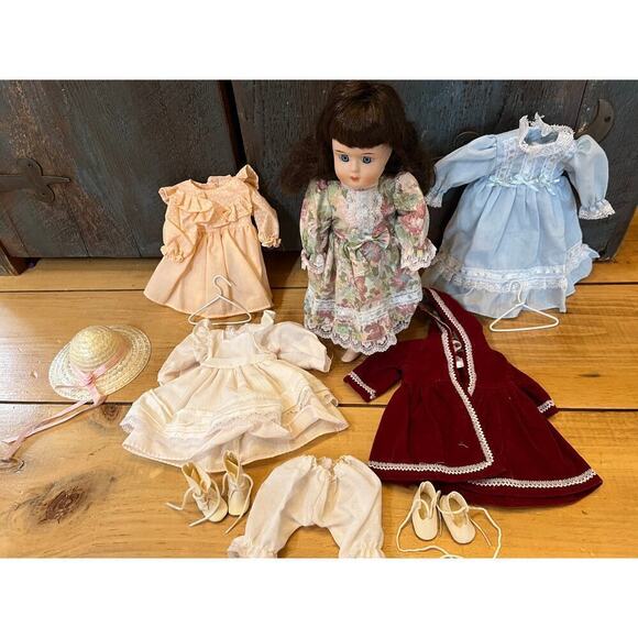 Vintage Porcelain Doll Lot. Doll w/ Blue Eyes Brown Hair.Dresses Shoes Hat 10.5" - Picture 2 of 9